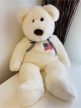 Ty White Beanie Buddies Plush Teddy Bear with American Flag Patch, 20”